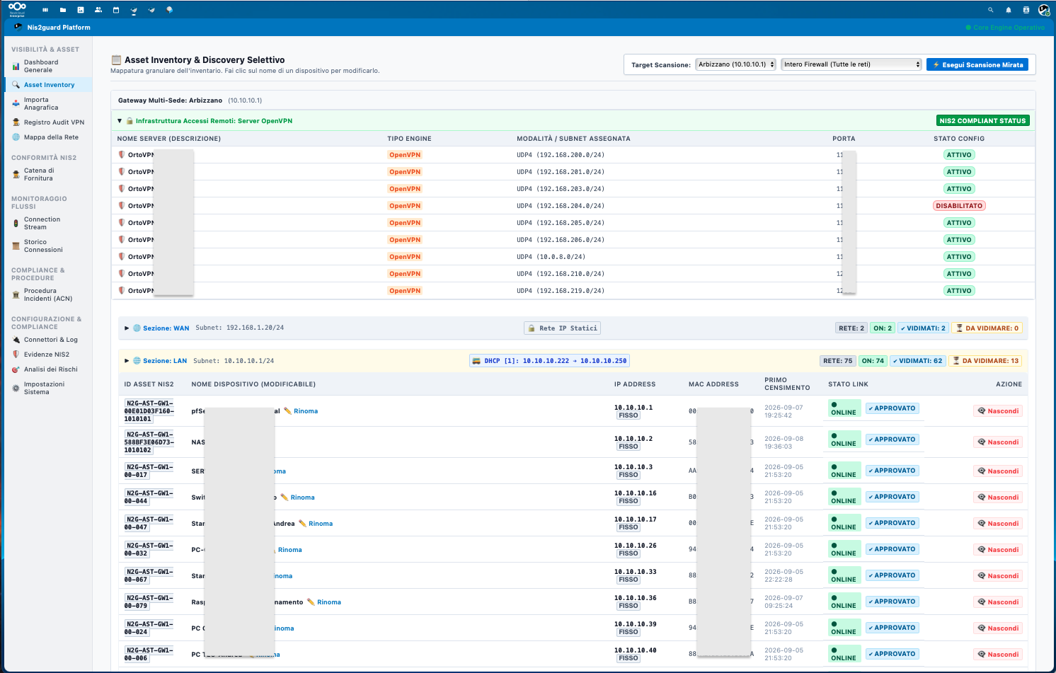 Schermata Asset Inventory - Host da Vidimare