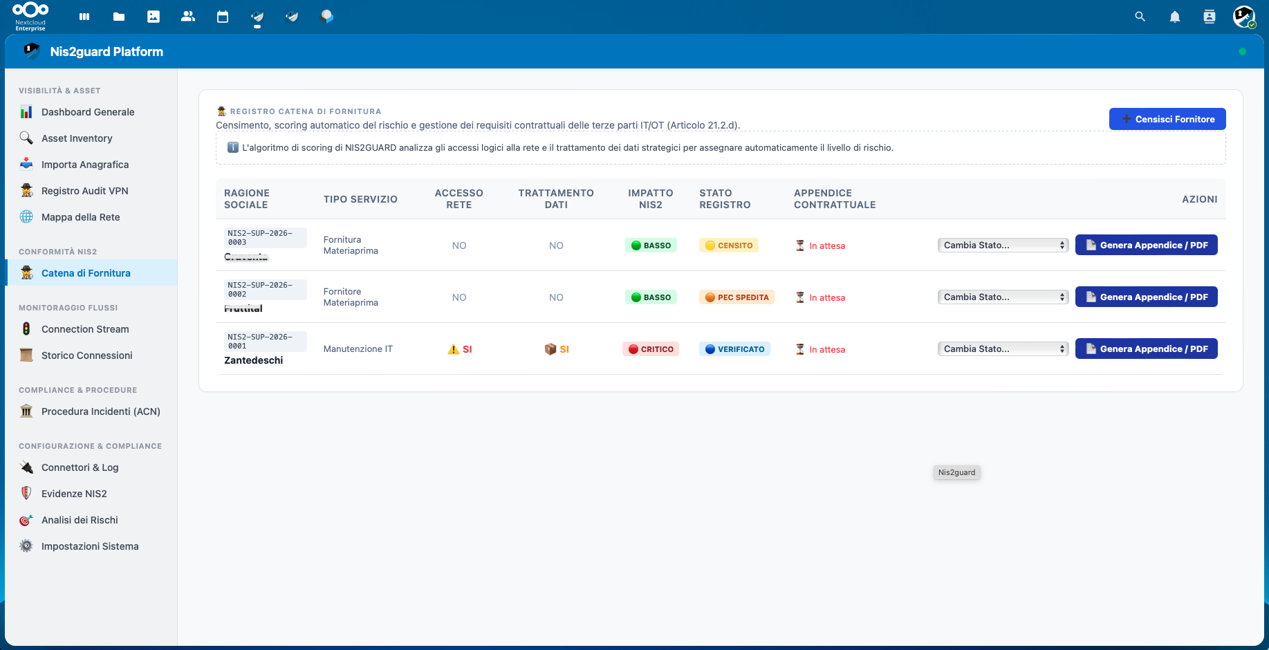 Schermata Compliance Terze Parti e Fornitori